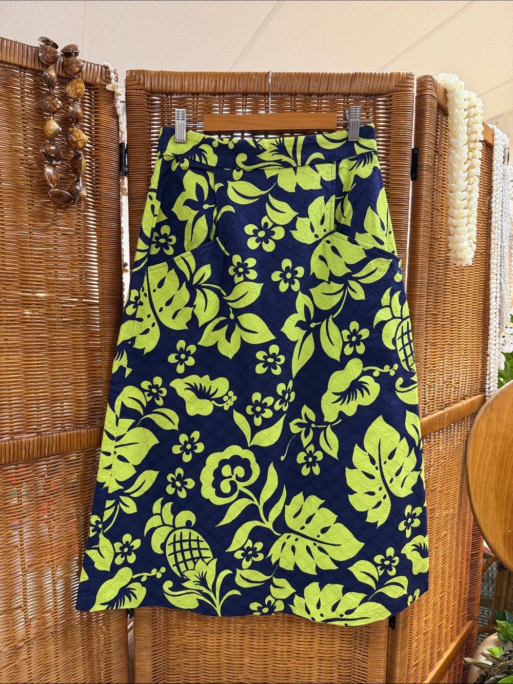 Tori Richard Navy and Lime Green Floral A-Line Skirt